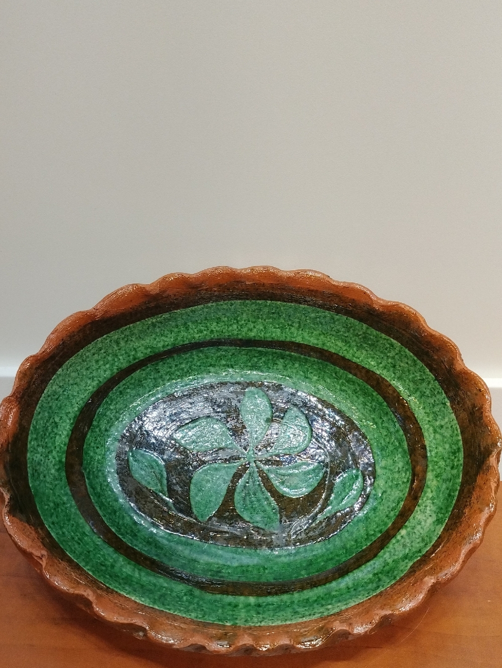 Handcrafted Green & Brown Redware Decorative Oval Bowl, Trinket Dish 7.5x6"